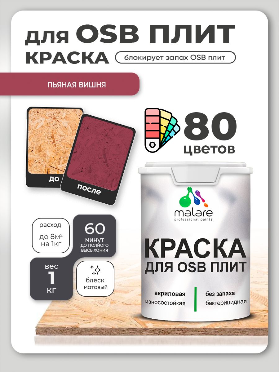 Акриловая краска для ОСБ плит Malare для дерева для наружных и внутренних работ, быстросохнущая без запаха матовая, пьяная вишня, 1 кг