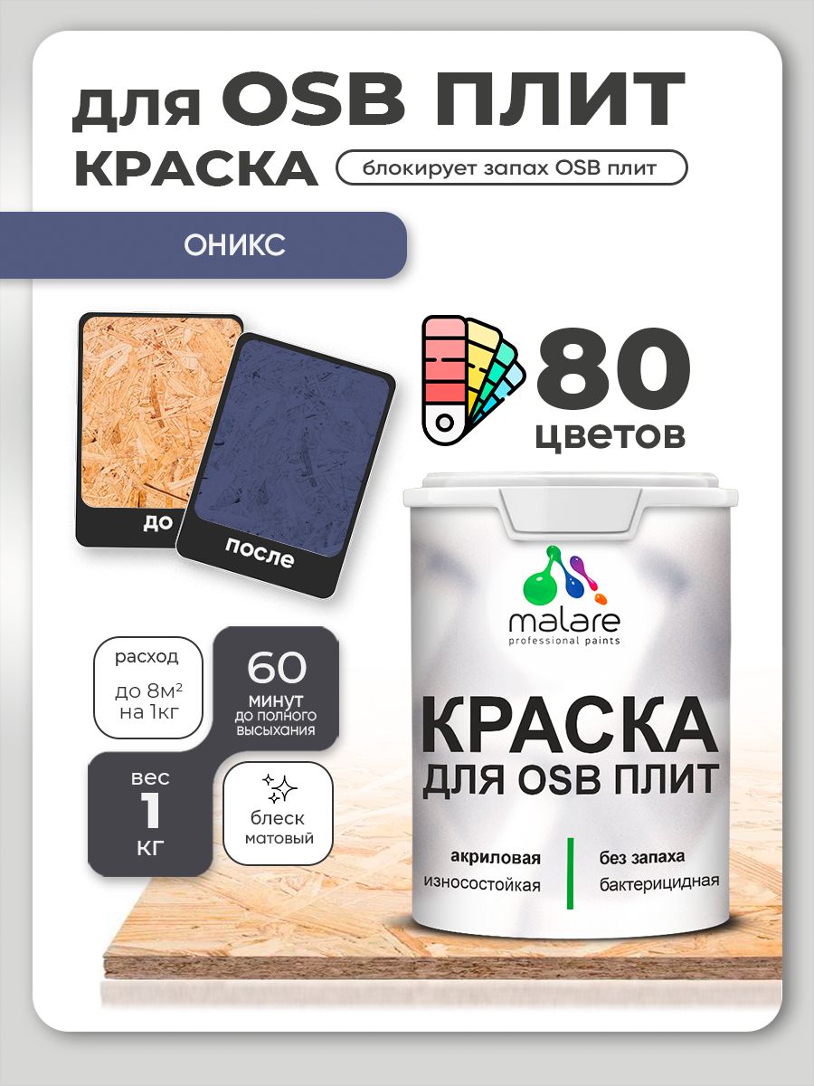 Акриловая краска для ОСБ плит Malare для дерева для наружных и внутренних работ, быстросохнущая без запаха матовая, оникс, 1 кг