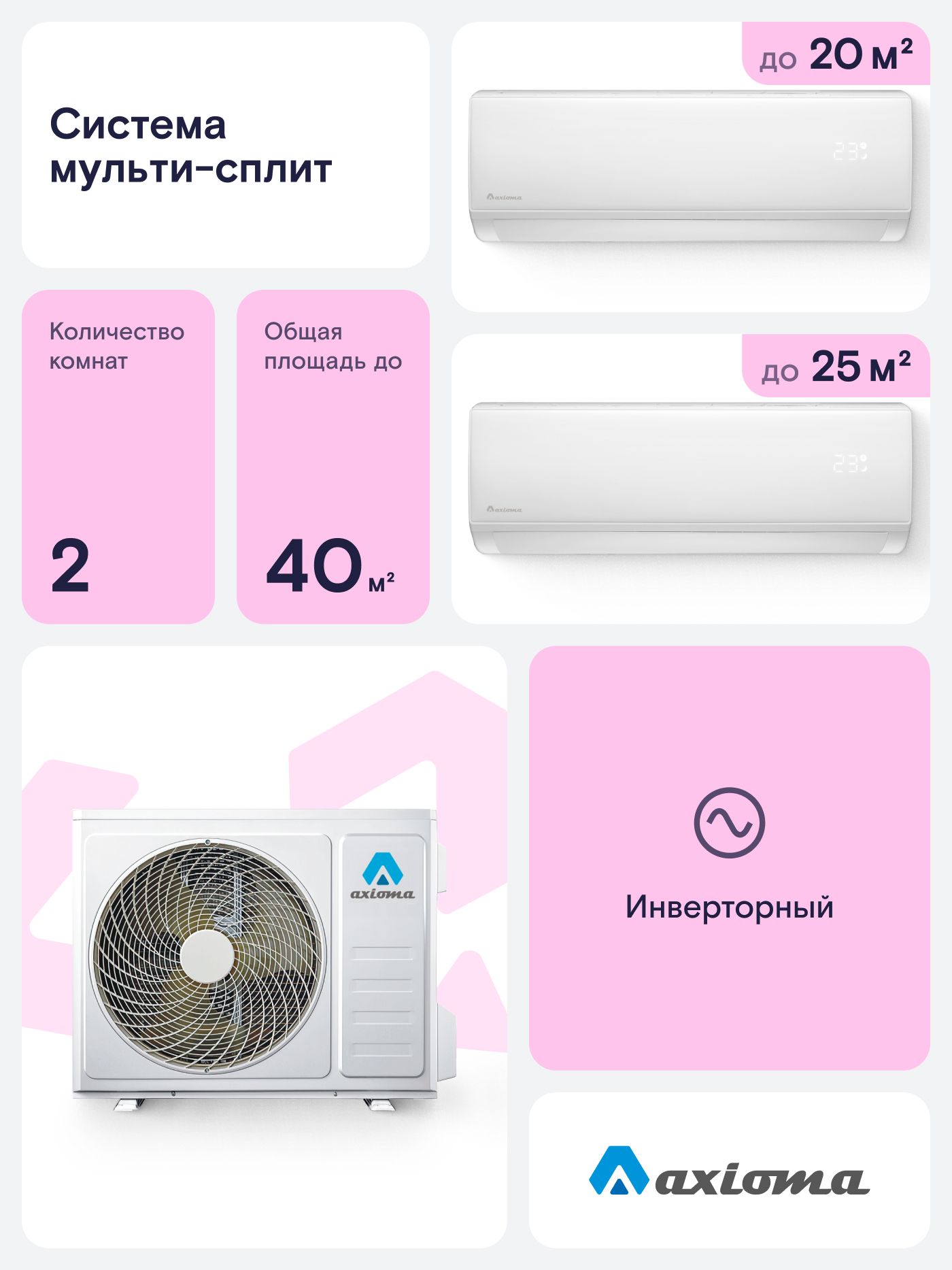 Мульти сплит-система инвертор Axioma ASB14M2Z1R/ASX07MH1Z1R/ASX09MH1Z1R, для 2х комнат 18 + 22кв.м.