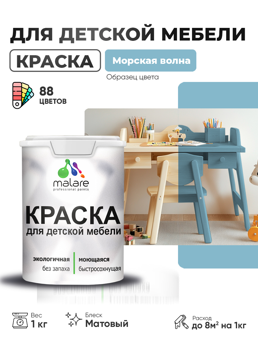Акриловая краска Malare для детской мебели для кухонных фасадов, мебели из дерева, моющаяся, быстросохнущая без запаха матовая, морская волна, 1 кг.