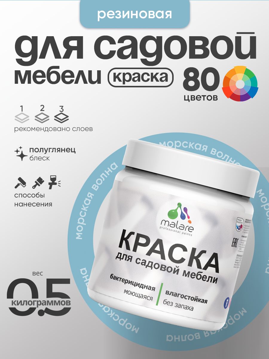 Резиновая краска Malare для садовой мебели/ по дереву, для наружных и внутренних работ/ быстросохнущая моющаяся без запаха полуглянцевая, морская волна, 0.5 кг