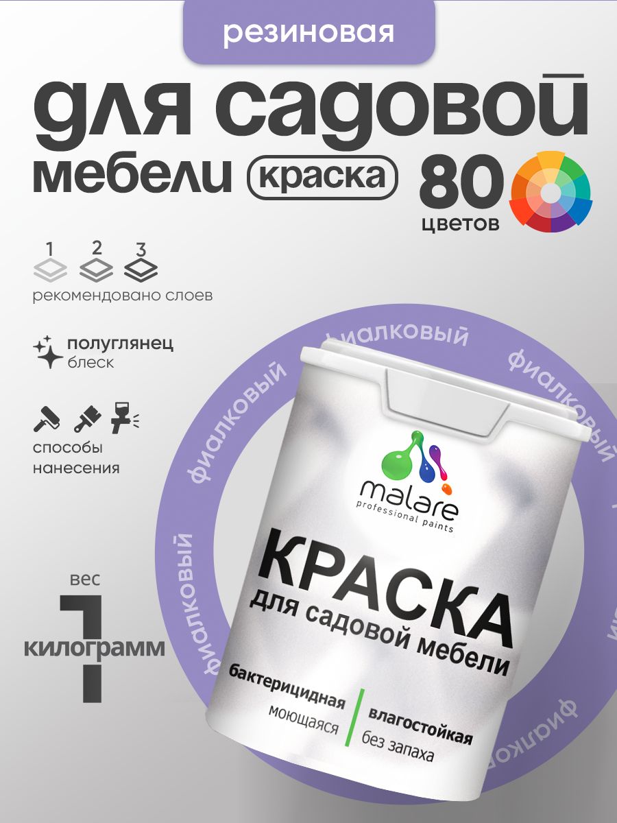 Резиновая краска Malare для садовой мебели/ по дереву, для наружных и внутренних работ/ быстросохнущая моющаяся без запаха полуглянцевая, фиалковый, 1 кг