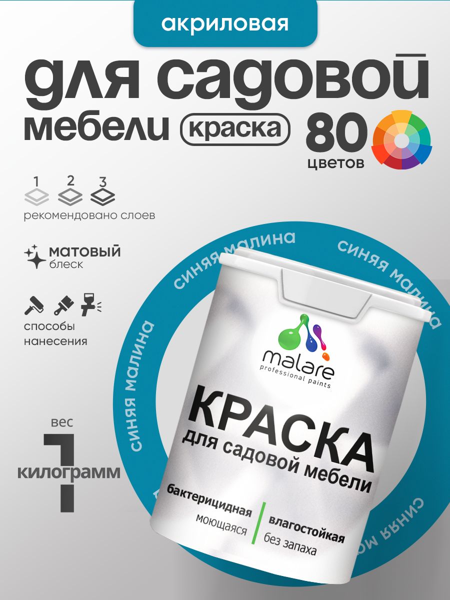 Акриловая краска Malare для садовой мебели/ по дереву, для наружных и внутренних работ/ быстросохнущая моющаяся без запаха матовая, синяя малина, 1 кг
