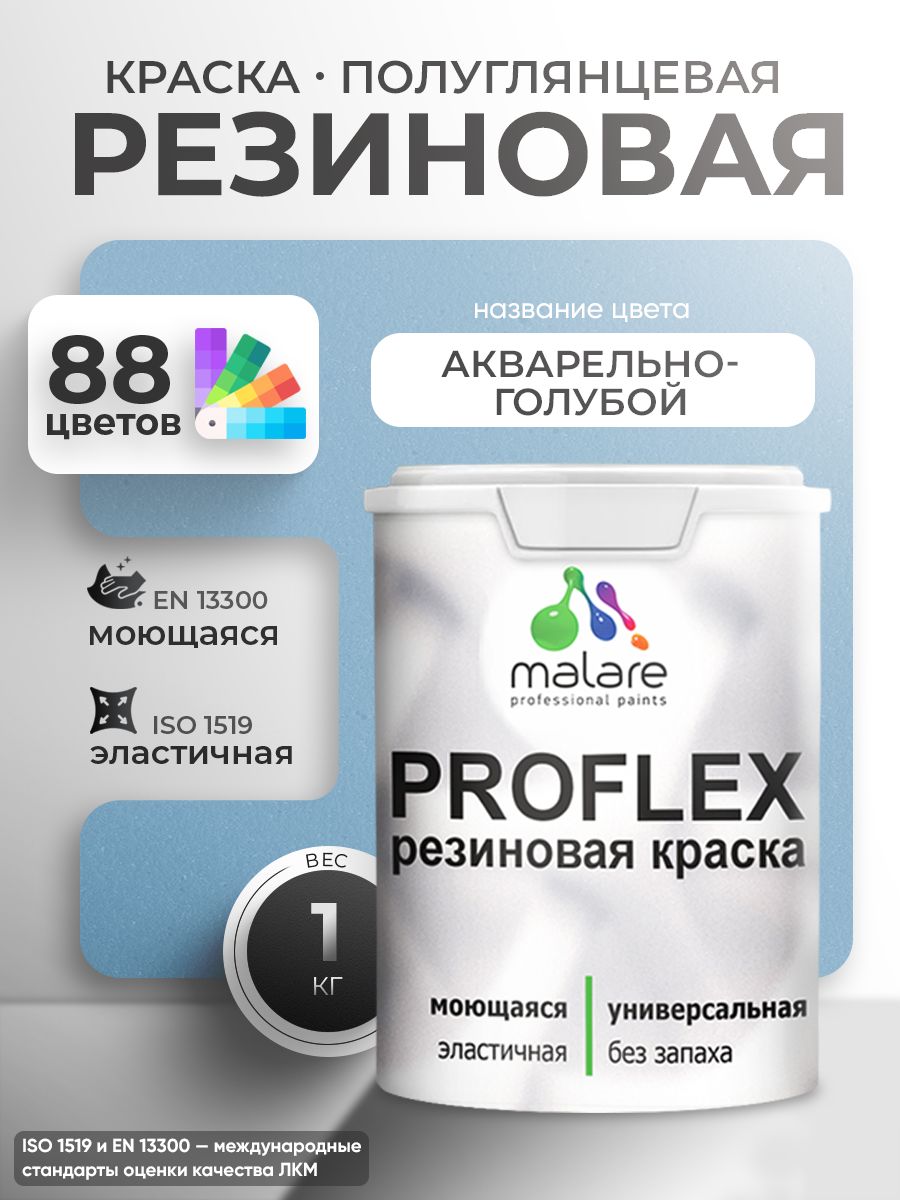 Краска резиновая Malare ProfleX (серия "Пастельные тона") жидкая резина для наружных и внутренних работ, быстросохнущая моющаяся, полуглянцевая, акварельно-голубой, 1 кг