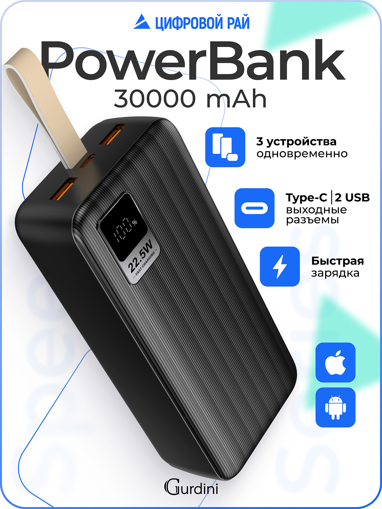 Повербанк30000mAhсбыстройзарядкой,внешнийаккумуляторPowerbankSpeedSeries,павербанксUSBиType-C,пауэрбанк