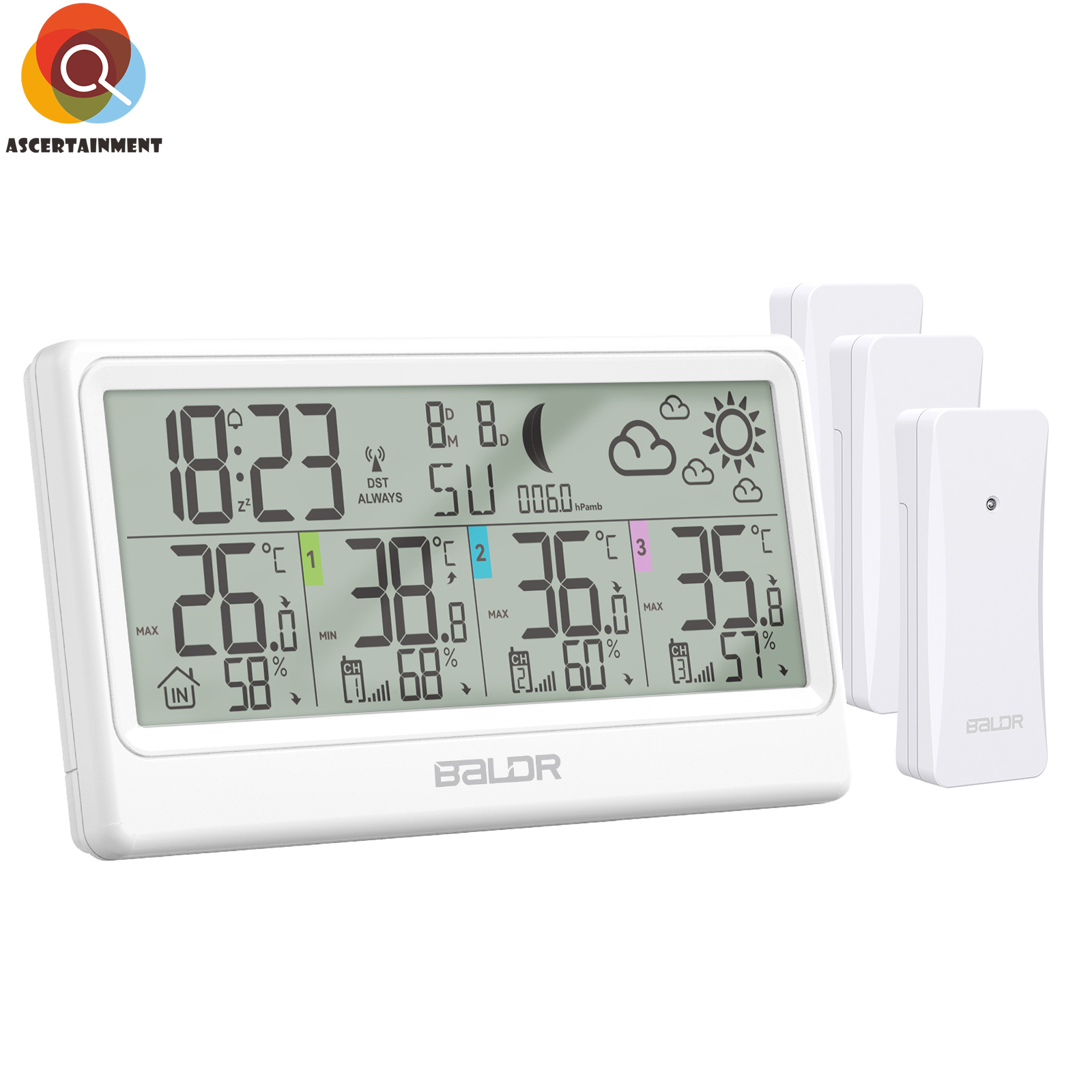 ЦифроваябеспроводнаяметеостанцияBALDRстремяудаленнымидатчиками,метромвлажностивреальномвремениитрекеромтемпературысЖК-дисплеемисенсорнымэкраном.