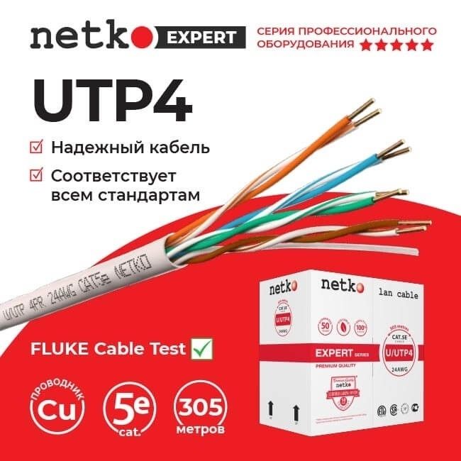Кабель U/UTP4 cat.5e, 4 пары, 24 AWG, BC, одножильный, серый, FLUKE ...