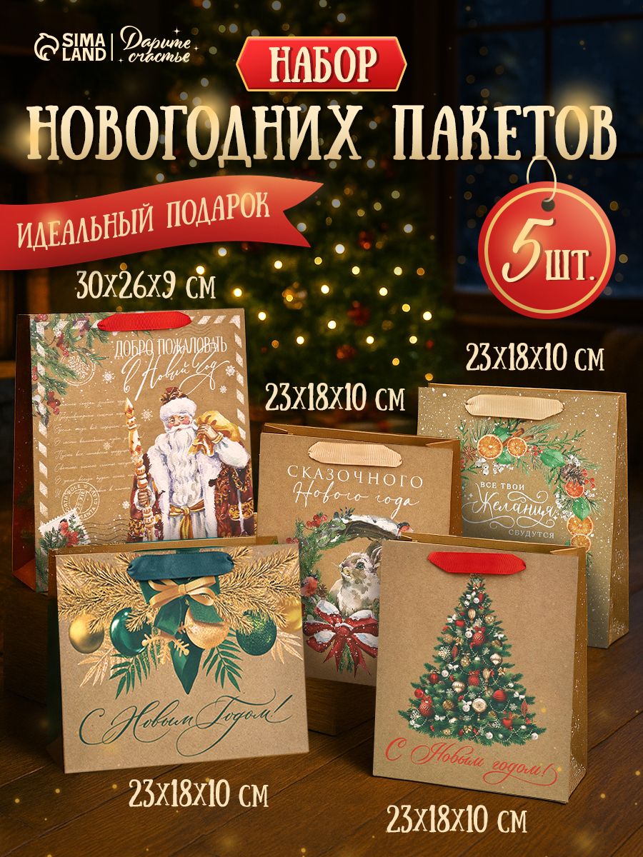 Подарочные пакеты новогодние, набор, 5 шт