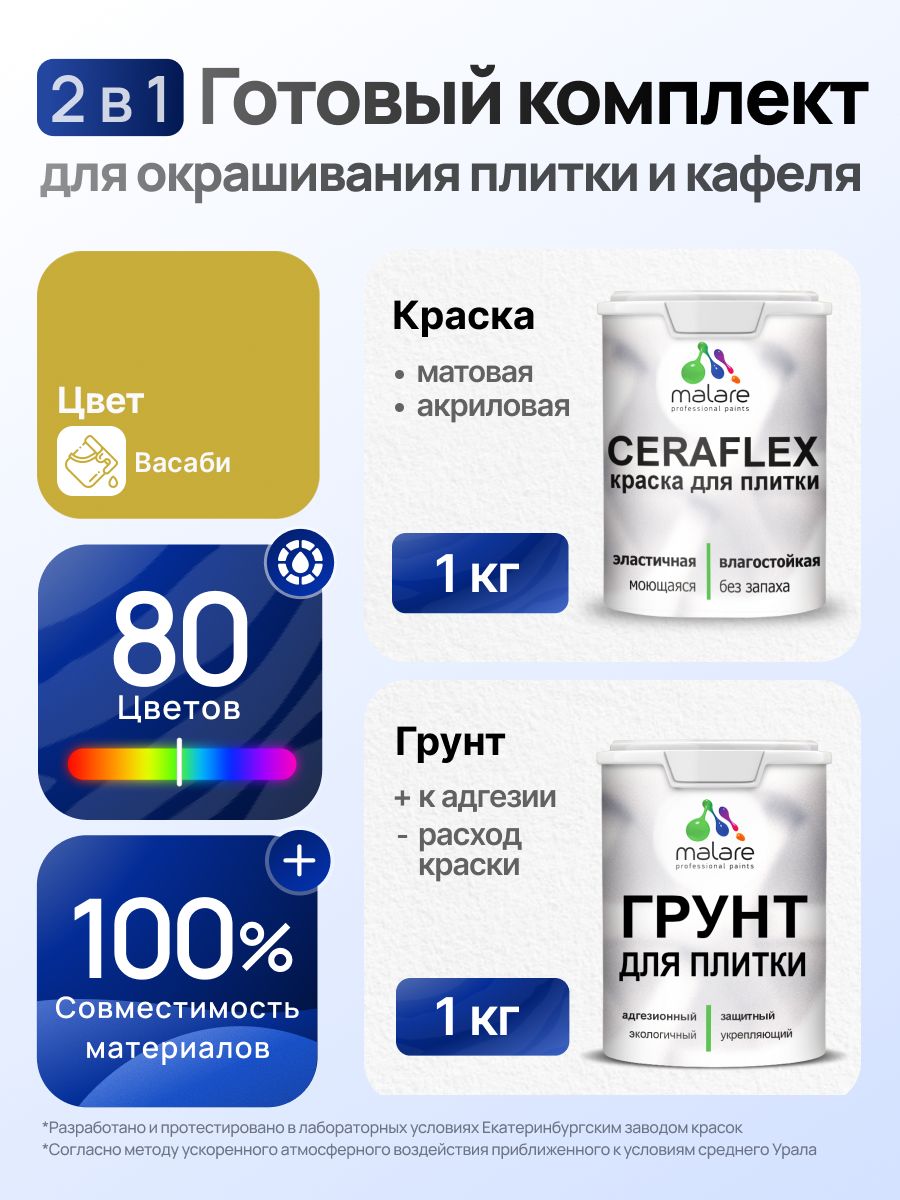 Комплект Malare LIPPO для окрашивания плитки и кафеля (1кг грунт + 1 кг краска), акриловый, без запаха, быстросохнущий, матовый, цвет васаби