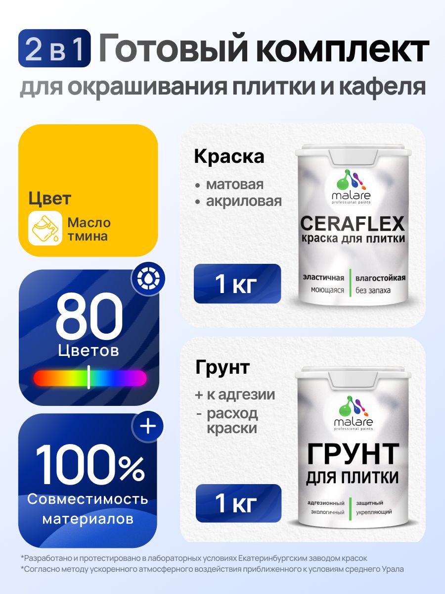 Комплект Malare LIPPO для окрашивания плитки и кафеля (1кг грунт + 1 кг краска), акриловый, без запаха, быстросохнущий, матовый, цвет масло тмина