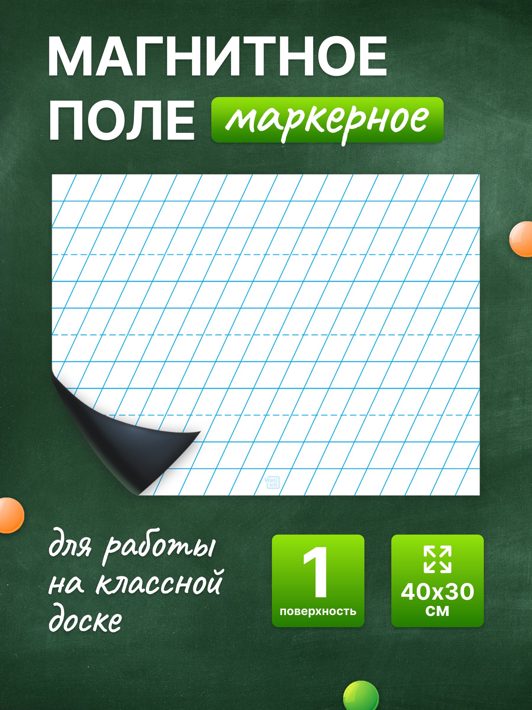 Разлиновка магнитная для школьной доски в частую косую линию 40х30 см. WellKit