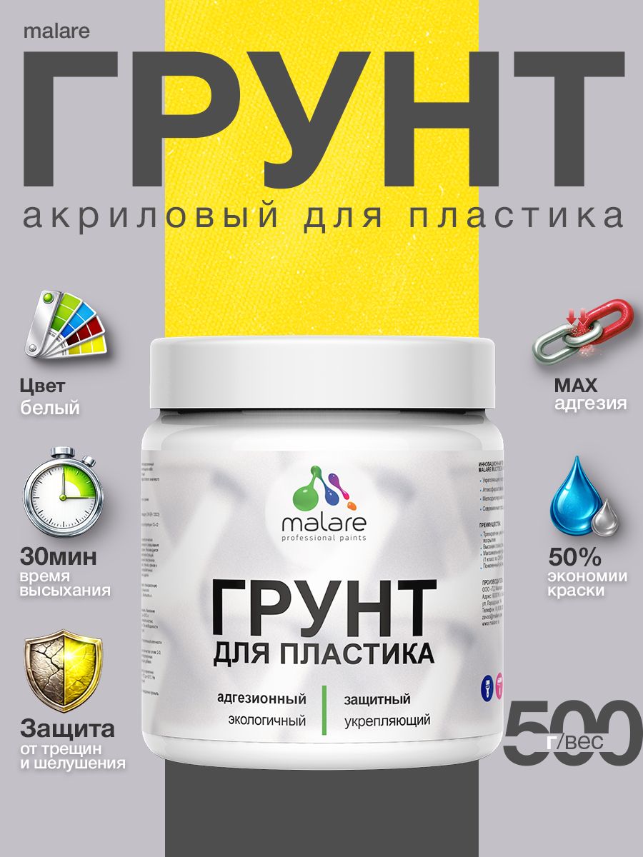 Грунт для пластика Malare акриловый адгезионный, без запаха быстросохнущий, белый, 0.5 кг.