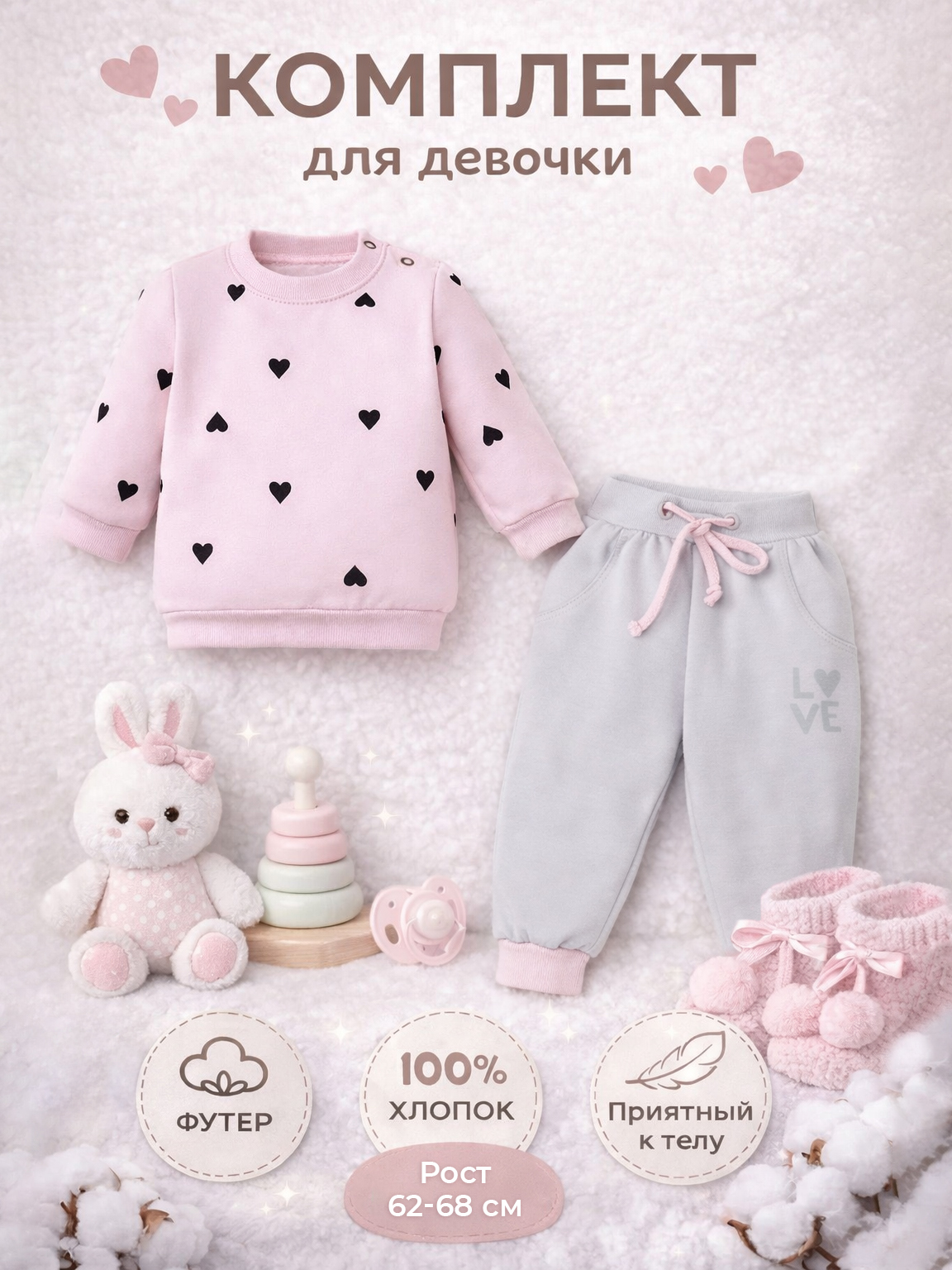 Костюм для девочки Крошка Я, комплект кофта и штаны, сердечки, футер с начесом, хлопок, 62-68 см