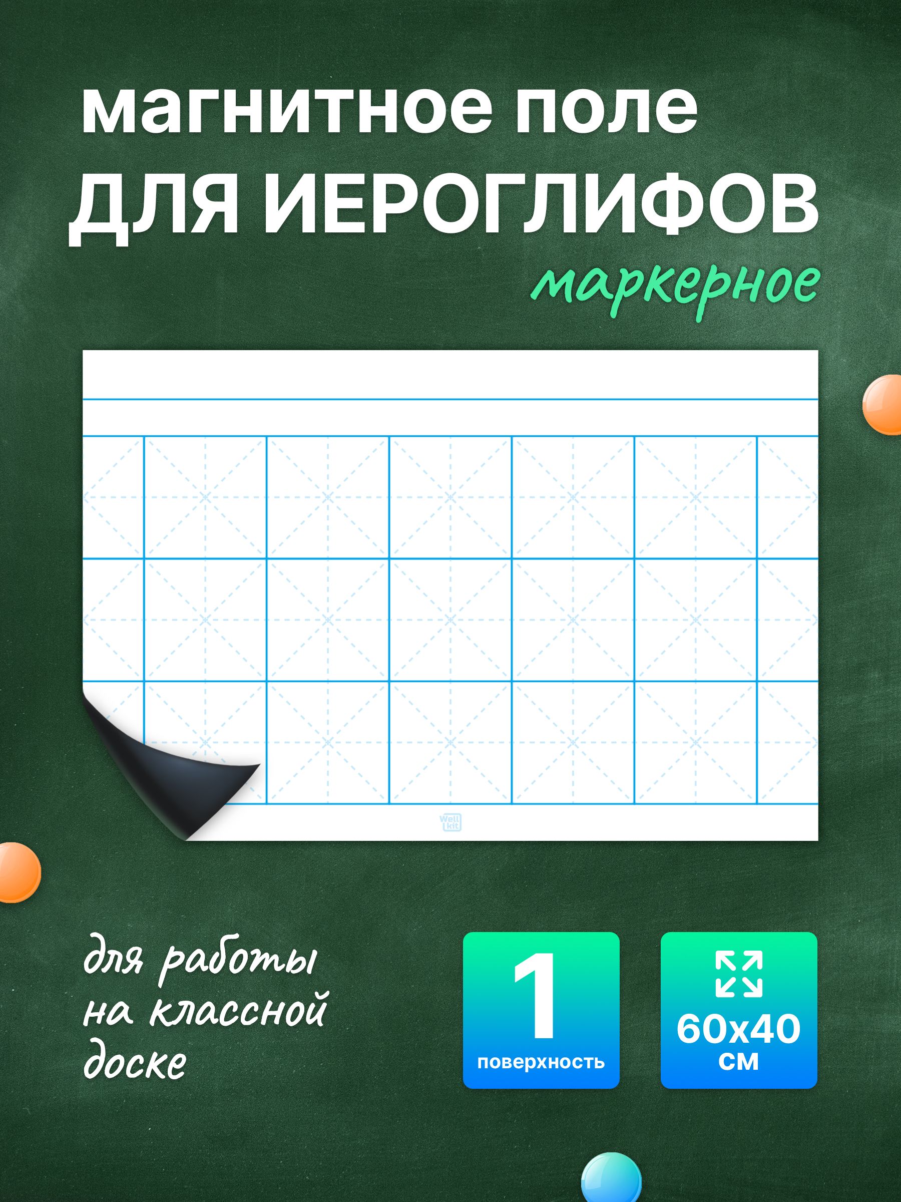 Разлиновка магнитная для школьной доски, поле для иероглифов 60х40 см. WellKit