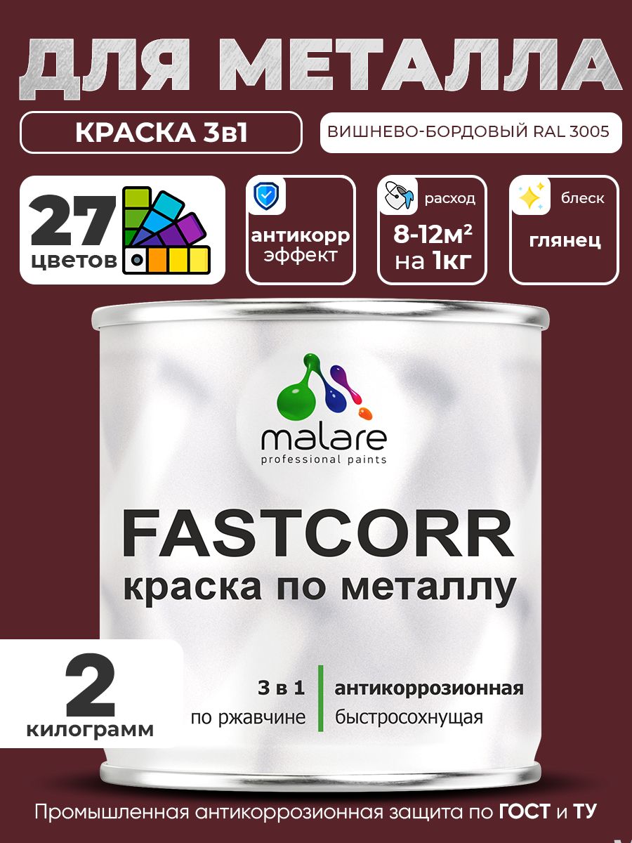 Краска для металла по ржавчине Malare FastCorr, для наружных работ износостойкая, быстросохнущая RAL 3005 вишнево-бордовый, глянцевая, 2 кг