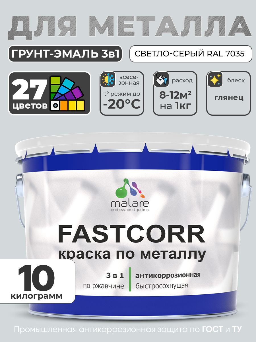 Краска для металла по ржавчине Malare FastCorr, для наружных работ износостойкая, быстросохнущая RAL 7035 светло-серый, глянцевая, 10 кг