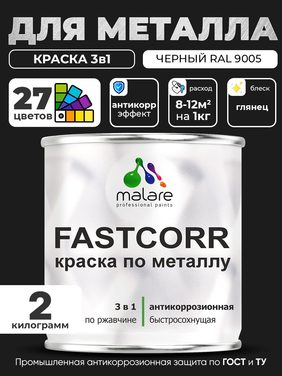 Краска для металла по ржавчине Malare FastCorr, для наружных работ износостойкая, быстросохнущая RAL 9005 черный, глянцевая, 2 кг