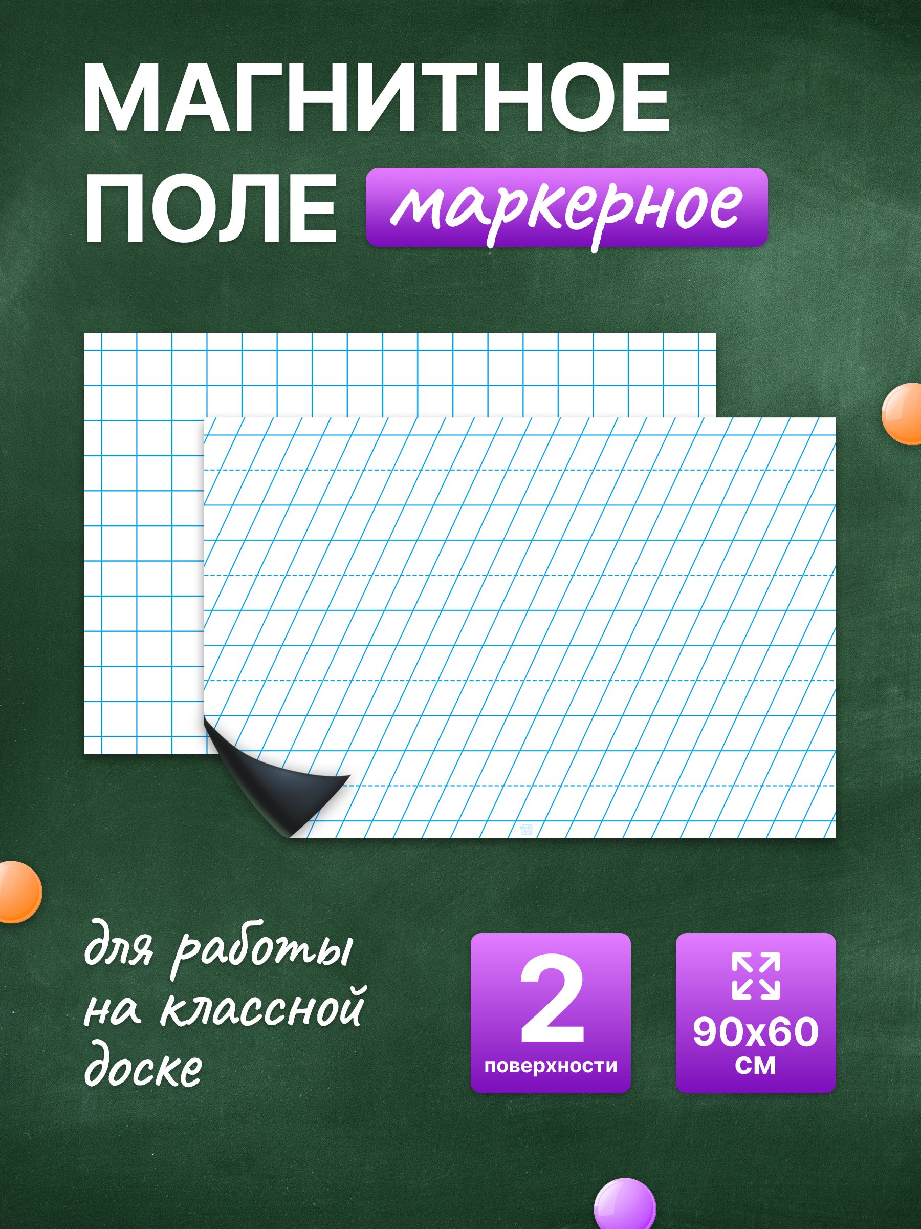 Разлиновка магнитная для школьной доски комплект, клетка + частая косая линия 90х60 см. WellKit