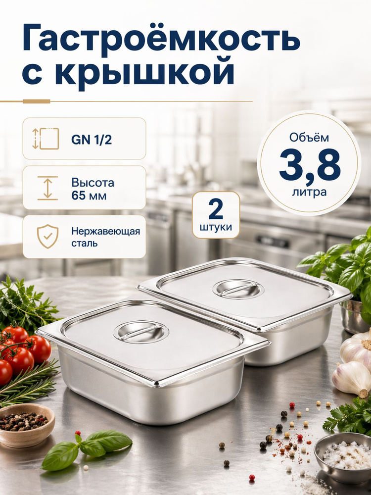 Гастроемкость GN 1/2-65 мм с крышкой, НАБОР 2 шт, нерж. сталь #1