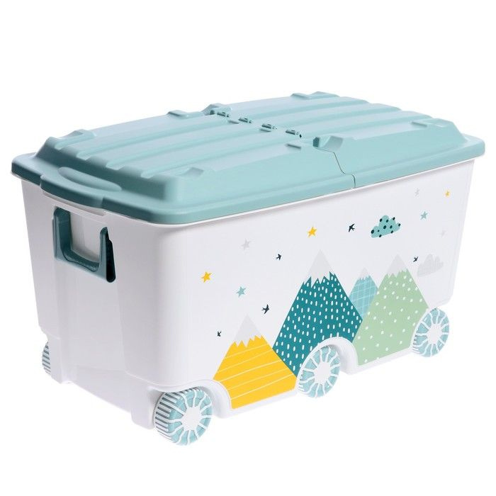 Пластишка, Ящик для игрушек на колесах Горы , с декором, 685 395 385 мм, цвет светло-голубой  #1