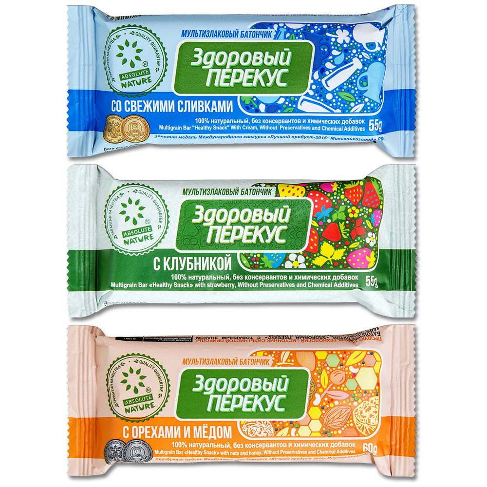Батончик мюсли злаковый "Здоровый перекус" 3 вкуса: Сливки, Клубника ...