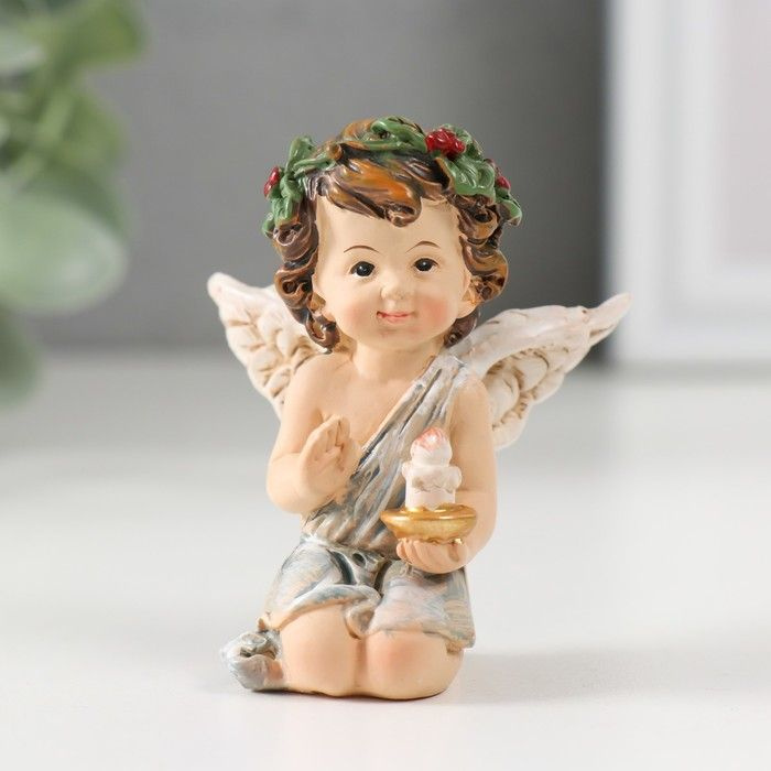 Сувенир полистоун "Ангел с веночком со свечой/крестиком" 6х4,8х3,4 см  #1