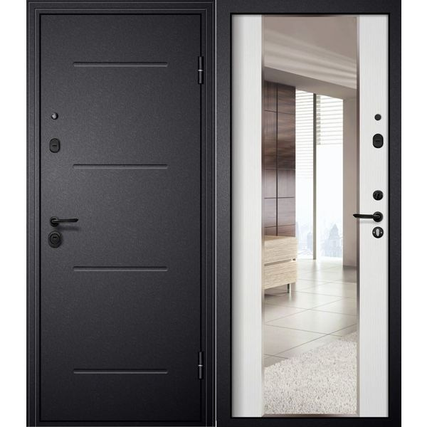 Дверь входная M-4 черный шелк зеркало ПВХ белый ясень 860 правая  #1