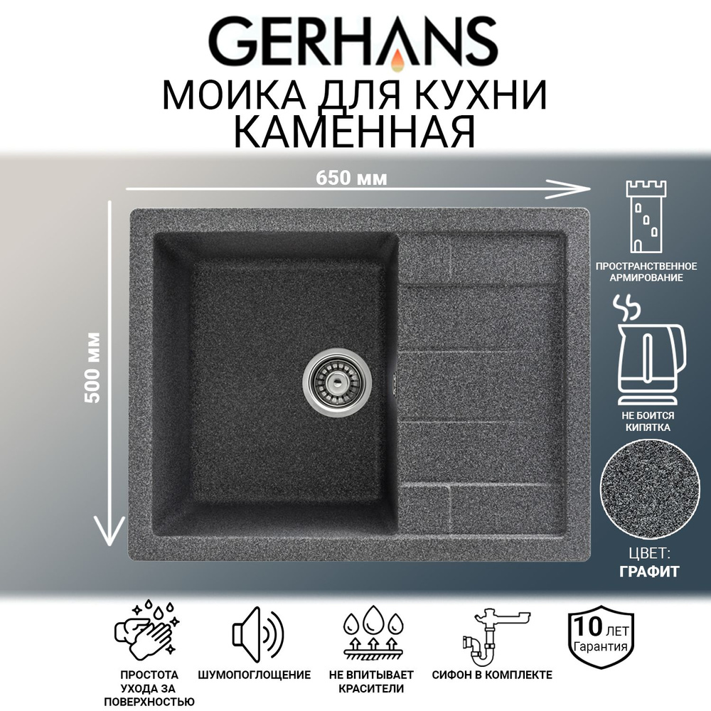 Мойка каменная для кухни Gerhans B22-24 графит (темно-серая) 650х500мм (Беларусь)  #1