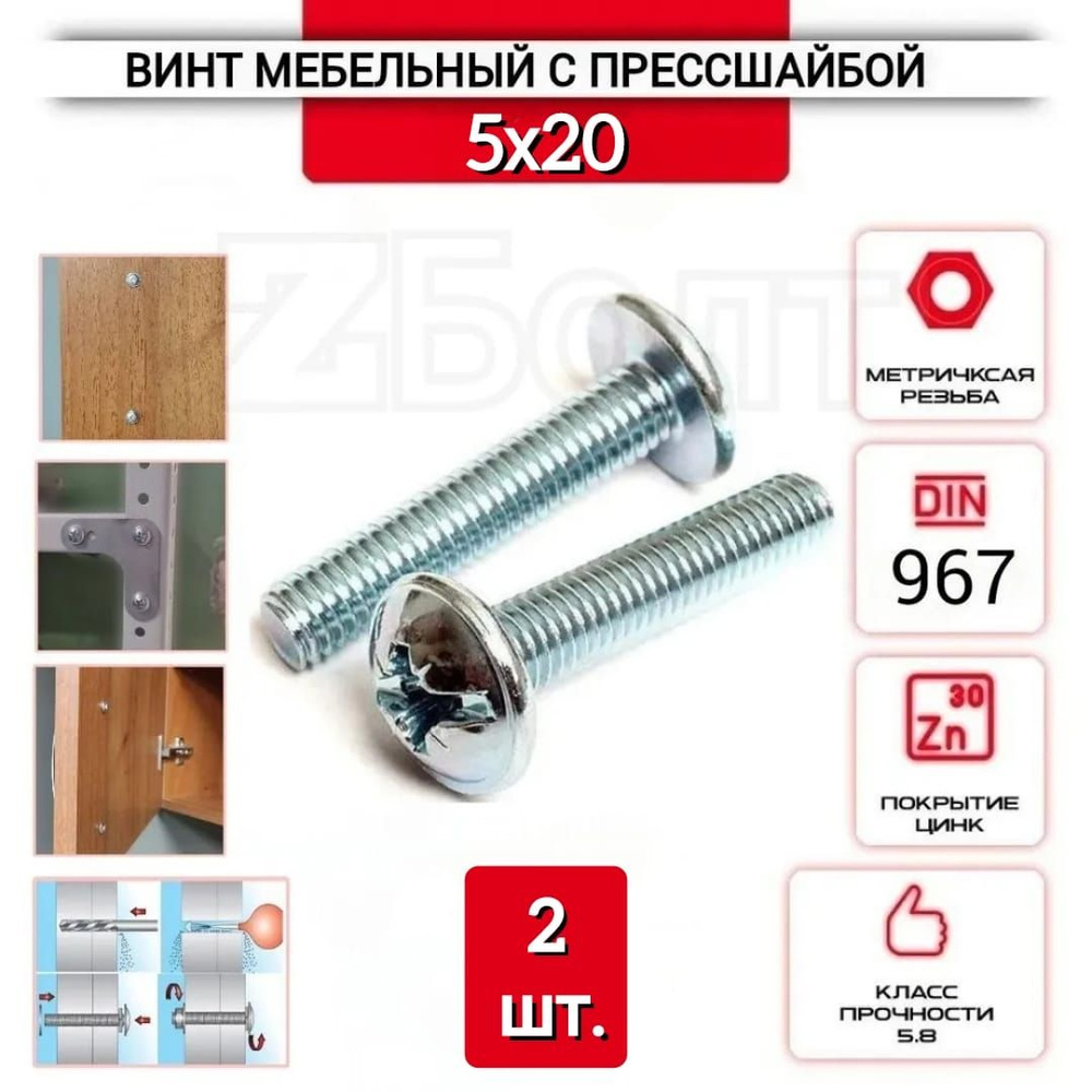 Винт мебельный с полукруглой головкой и прессшайбой, DIN967, 5х20, 2 шт.  #1