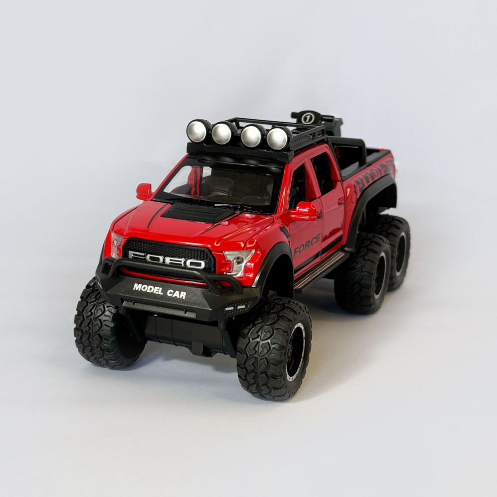 Металлическая инерционная машинка со съемным мотоциклом Ford Raptor F150, 23 см., красная  #1