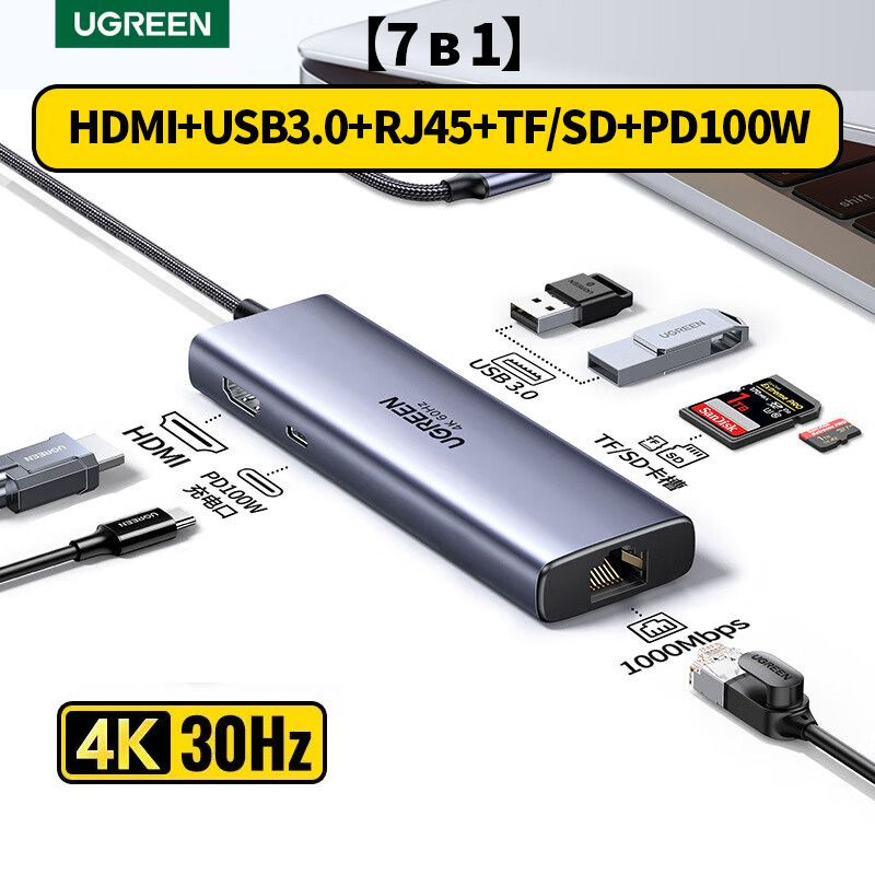 USB-Концентратор UGREEN 7-in-1 (90568),4K(30HZ)HDMI, RJ45, USB 3.0,SD Card, TF Card, PD 100W Hub  #1