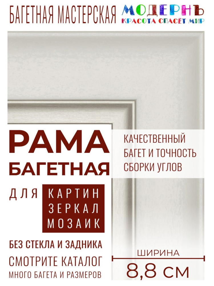 Рама багетная 70х100 для картин и зеркал, белая-серебряная - 8,8 см, классическая, пластиковая, с креплением, #1