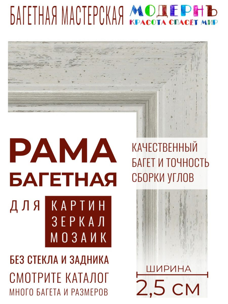 Рама багетная 50х70 для картин, белая-серебряная - 2,5 см, классическая, пластиковая, с креплением, 722-30 #1