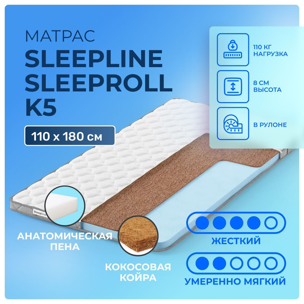 Матрас 110х180 Sleepline SleepRoll K5, беспружинный, двусторонний с разной жесткостью, жесткий, полумягкий, #1