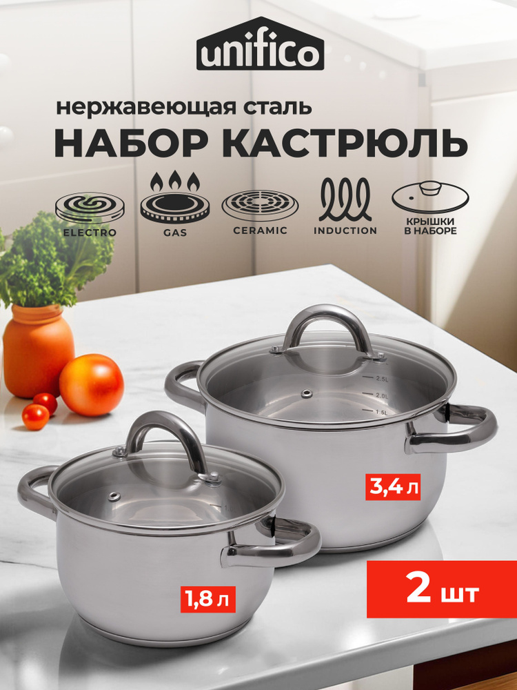 Набор кастрюль с крышками из нержавеющей стали UNIFICO 1.8 л. и 3.4 л., индукция #1