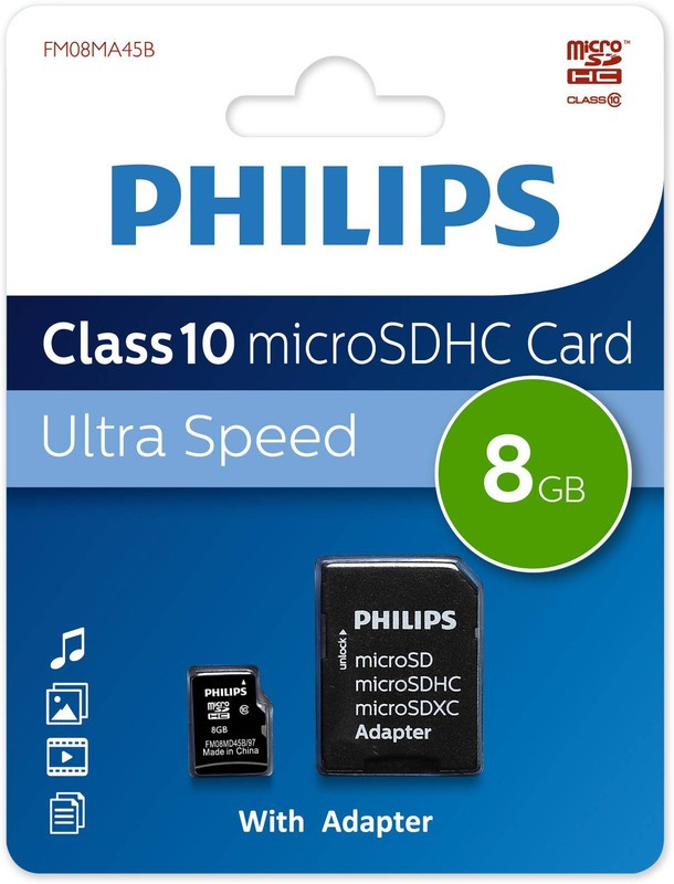 Флеш карта microSD 8GB PHILIPS microSDHC Class 10 (SD адаптер) #1