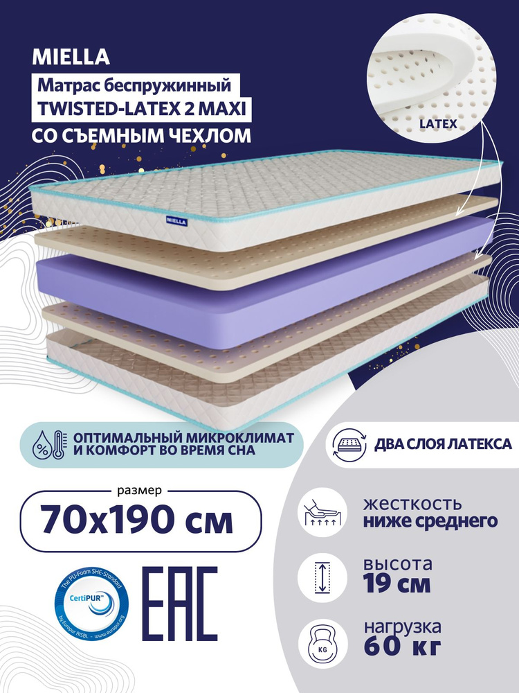 Детский матрас 70 на 190 MIELLA Twisted-Latex 2 Maxi, анатомический, со съемным чехлом #1