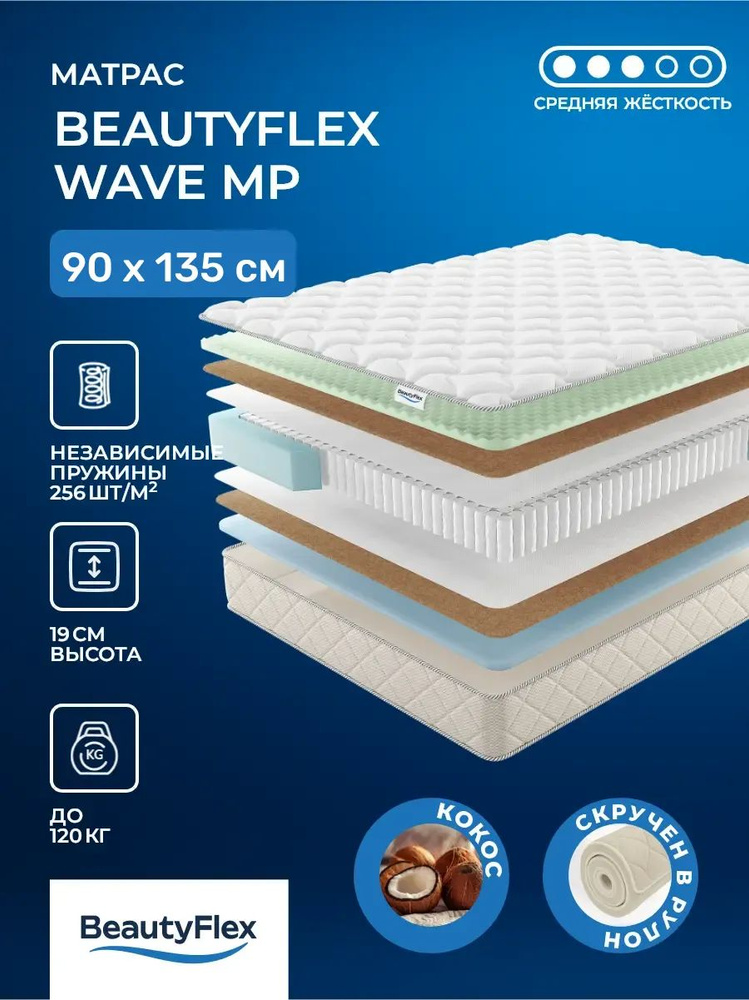 Матрас 90х135 BeautyFlex Wave, независимые пружины S500, комфортная cредняя-жёсткость, ППУ с массажной #1