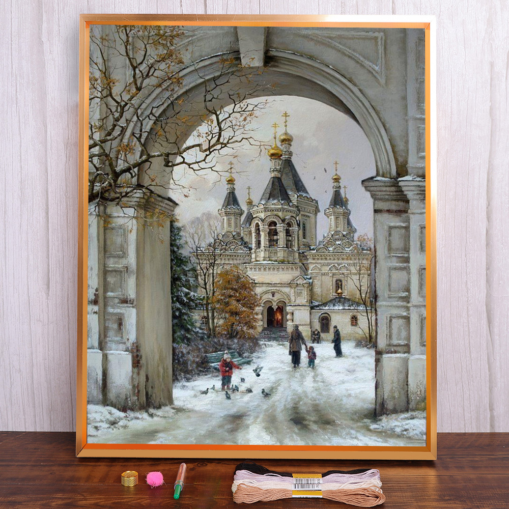 MEIAN Набор для вышивания,30x40CM,Чистый холст с сеткой,14CT,Церковь в ...