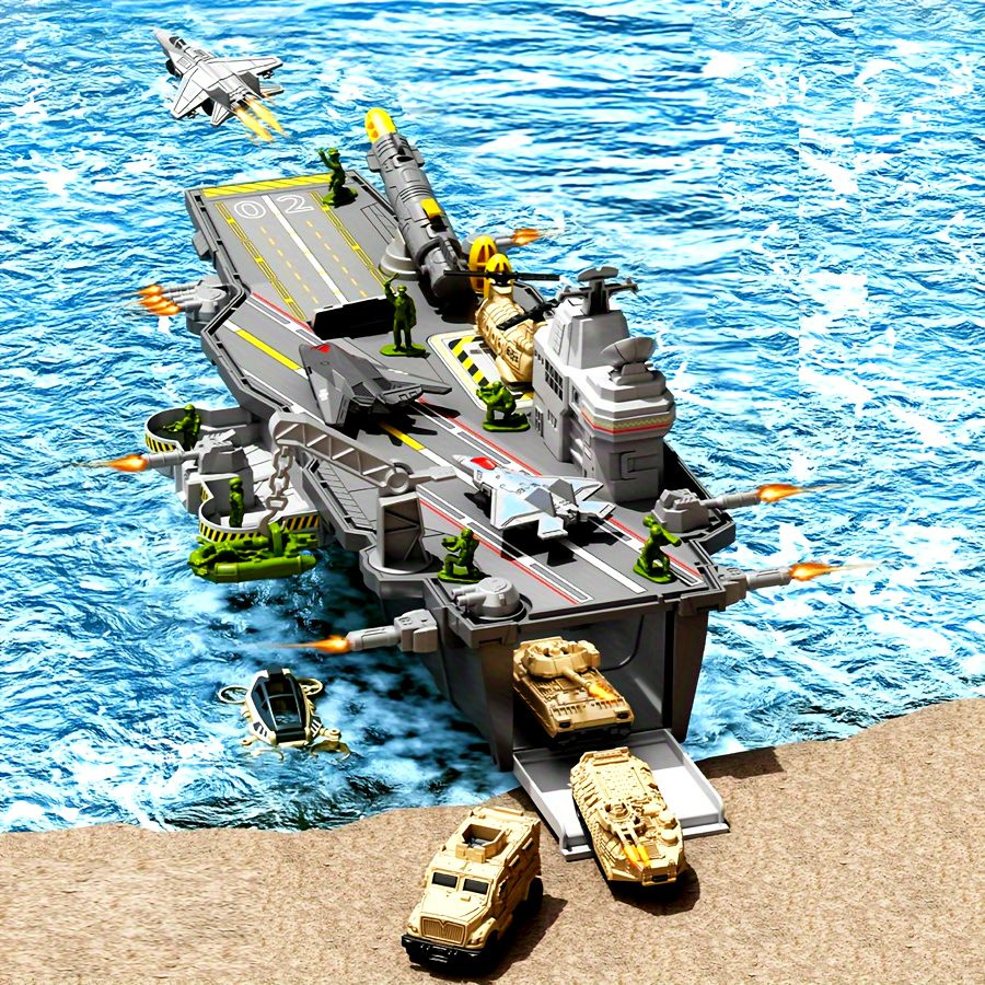 Детский авианосец-игрушка с военной техникой: самолёты, танк, вертолёт, машины и солдатики Игрушечный #1