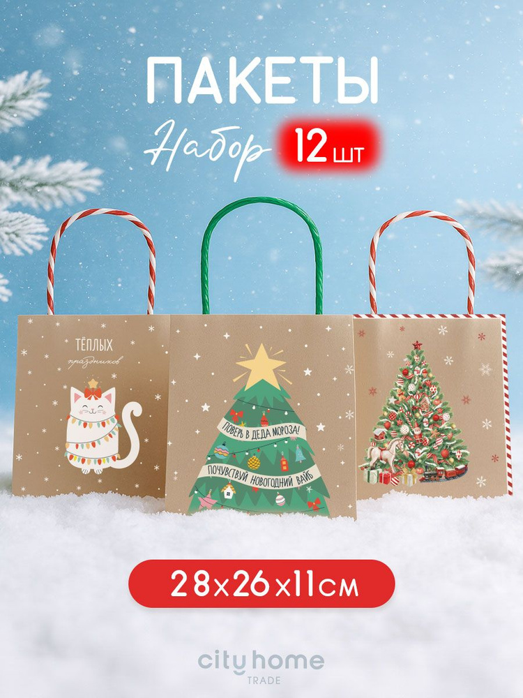 Пакет подарочный новогодний, 26*28*11, набор 12 шт #1