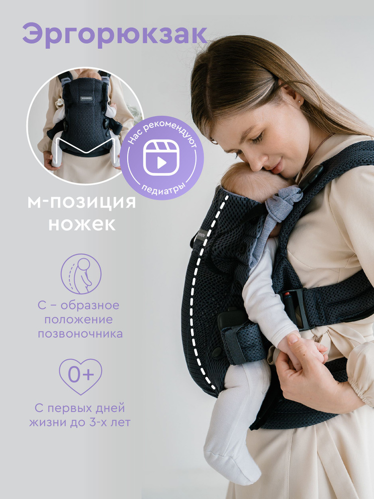 Эргорюкзак для новорожденных кенгуру переноска 4в1BABYROX Эргономика, 3-Д сетка, антрацитовый (не слинг) #1