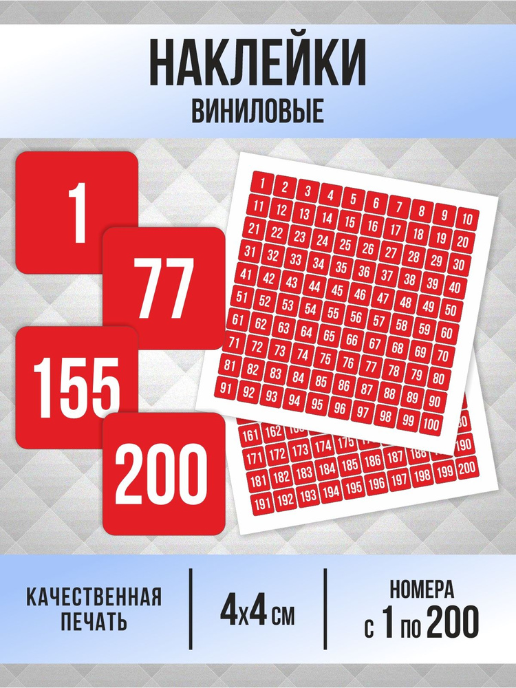 Наклейки с номерами от 1 до 200 квадратные 40х40 мм, цвет красный, ПолиЦентр #1