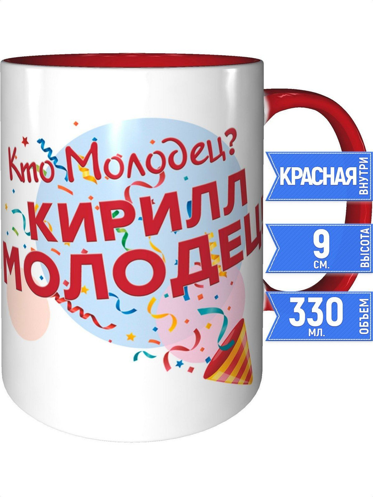 Кружка кто молодец? Кирилл молодец! - с красной ручкой и красная внутри #1