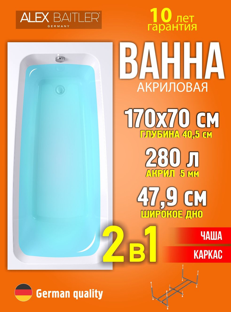 Акриловая ванна Alex Baitler 170x70 прямоугольная 2 в 1: ванна, каркас #1