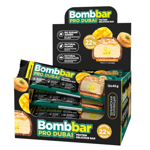 Протеиновые батончики без сахара в шоколаде Bombbar Pro Dubai, Манго и кунафа / 30шт х 45г #1
