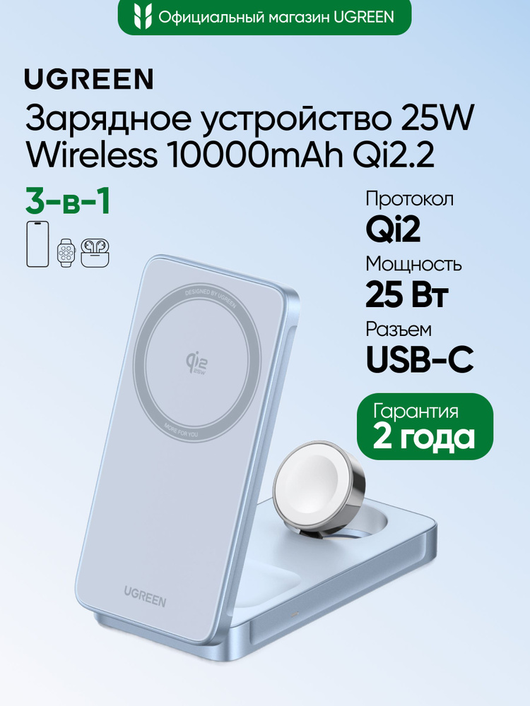 Беспроводное зарядное устройство UGREEN W757 (65901) "MagFlow" 25W Magnetic Qi2 Wireless 3-in-1 Charger. #1