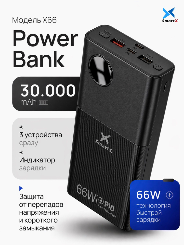 Повербанк 30000mah, мощный внешний аккумулятор SmartX с проводами, для телефона, для айфона, для андроид, #1