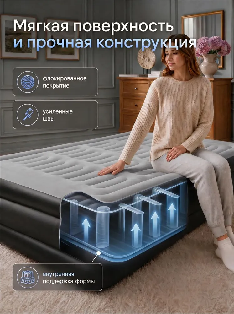 Матрас надувной двуспальный Wanderwells 20315542 см, самонадувающийся со встроенным электрическим насосом, надувная кровать, нагрузка до 300 кг, ПВХ и флок, 300 кг, фото 3