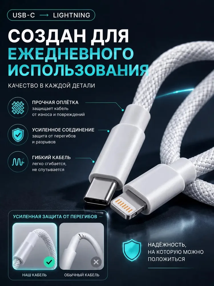 Зарядка для iPhone 5-14 / GQbox / Lightning кабель USB / 1 метр / Провод для айфона, шнур, кабель для айфона, 1 м, фото 3